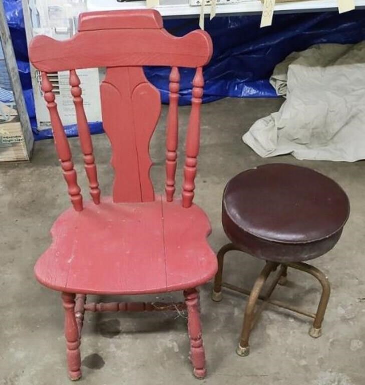 Wooden Chair, Metal Stool w/Leather Seat.