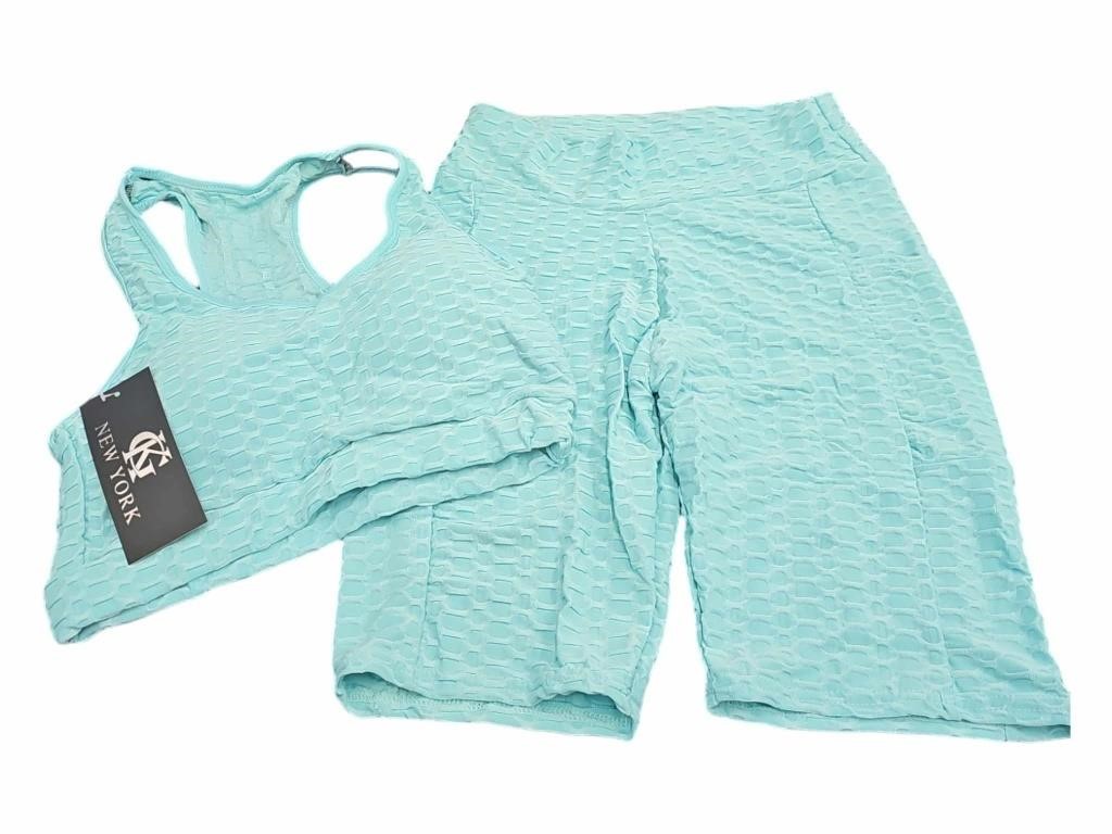 Teal Sports workout Bra and biker Shorts with