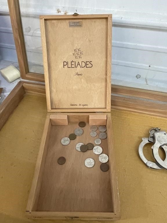 Foreign Coins in wooden cigar box