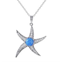 Silver Created Blue Opal Crystal Starfish Necklace