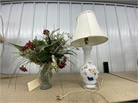 Table Lamp w/Shade & Vase w/Faux Flowers