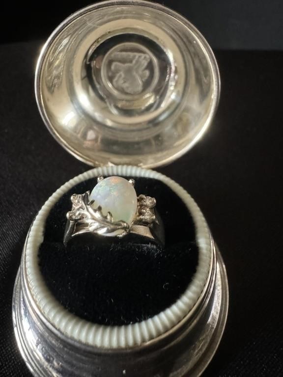 14K WG Oval Shaped Cabochon Opal & Diamond Ring