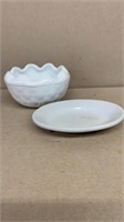Milk glass rose bowl and soap dish