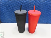 (2) New STARBUCKS 24oz Blk/Red RoughEdge Tumblers