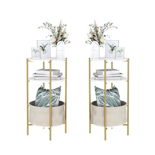 Two Round 3-Tier Side Table, White/Gold