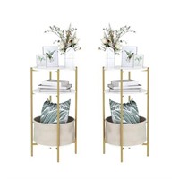 Two Round 3-Tier Side Table, White/Gold