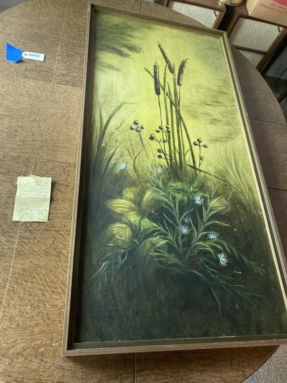 Framed oil painting of cattails