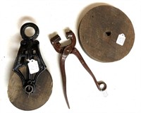 Lot; wooden pulley; barn pulley; and a nose cutter