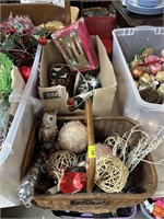 BOX & BASKET LOT OF MISC CHRISTMAS ORNAMENTS
