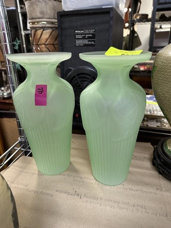 2PC MATCHED SATING GREEN GLASS VASES
