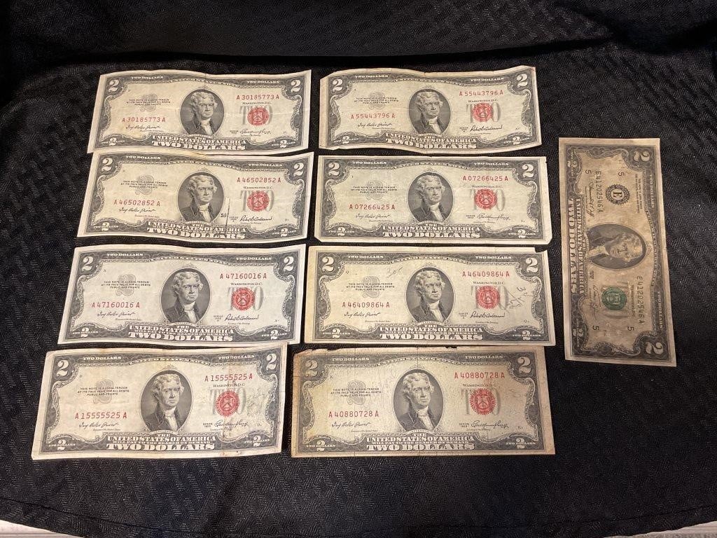 LOT OF 9 $2 BILLS - EIGHT 1953 RED SEALS AND ONE