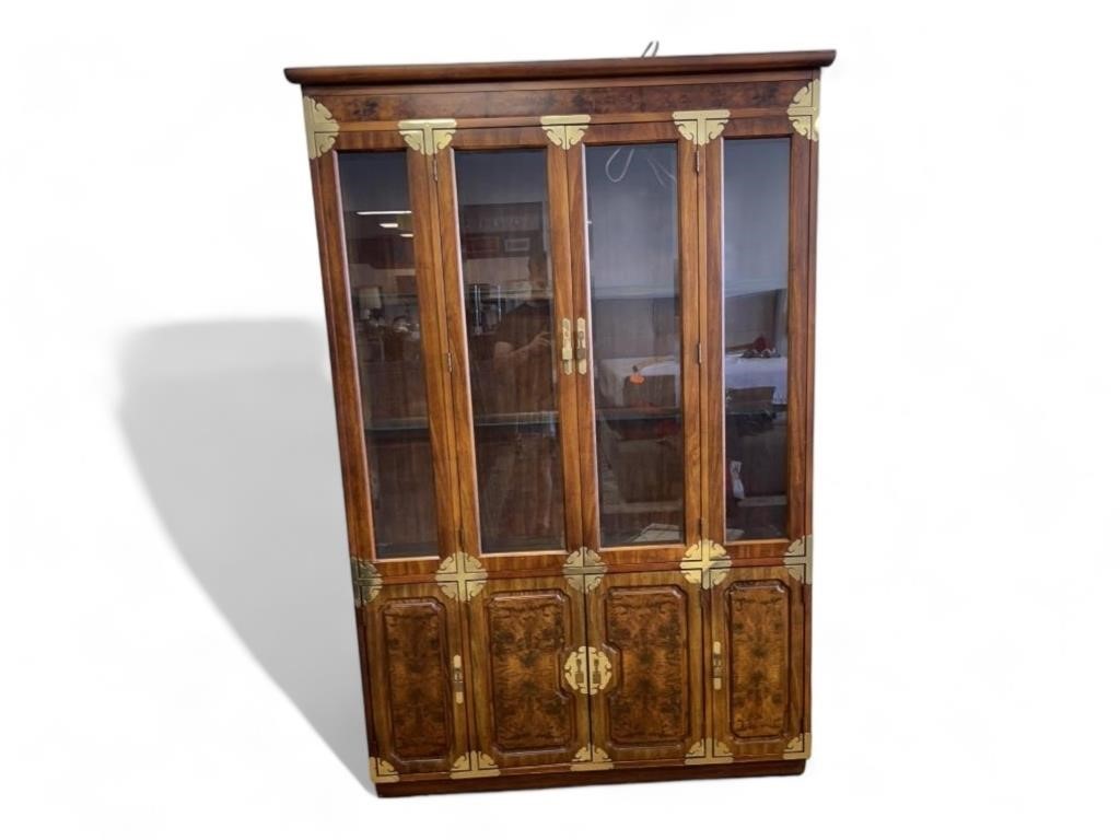 Vintage Brass Wooden Asian China Cabinet