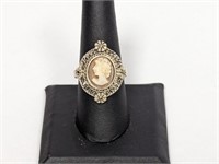 .925 Sterling Cameo Ring w/Marcasite Sz 9