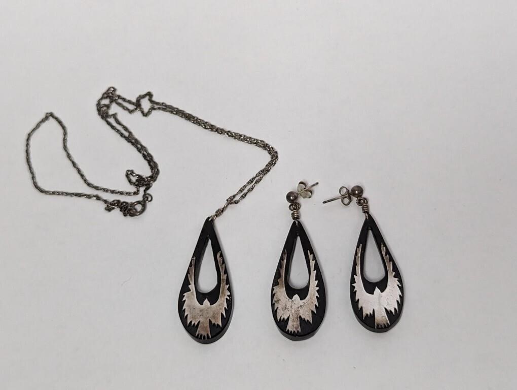 20" .925 Sterling Necklace & Earring Set w/Eagle
