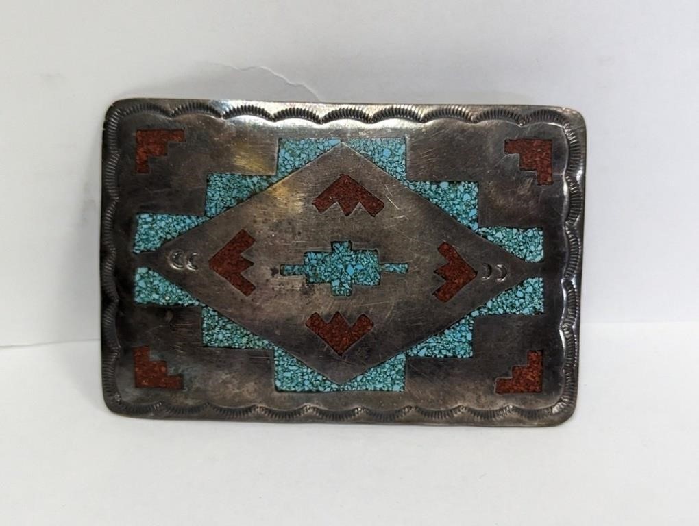 .925 Sterling Coral & Turquoise Belt Buckle
