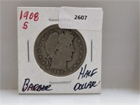 1908-S 90% Silver Barber Half $1 Dollar