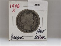 1908-S 90% Silver Barber Half $1 Dollar