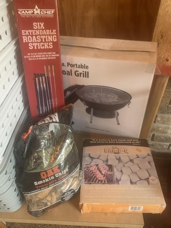 Charcoal grill, roasting sticks, smoking chips