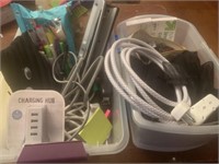 2 containers of office supplies, charging hubs,