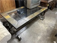 IRON BASE STONE & BEVELED GLASS TOP COFFEE TABLE