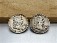 TWO 1957-D Franklin Half Dollars 90% Silver 10%