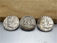 THREE 1954 Franklin Half Dollars 90% Silver 10%