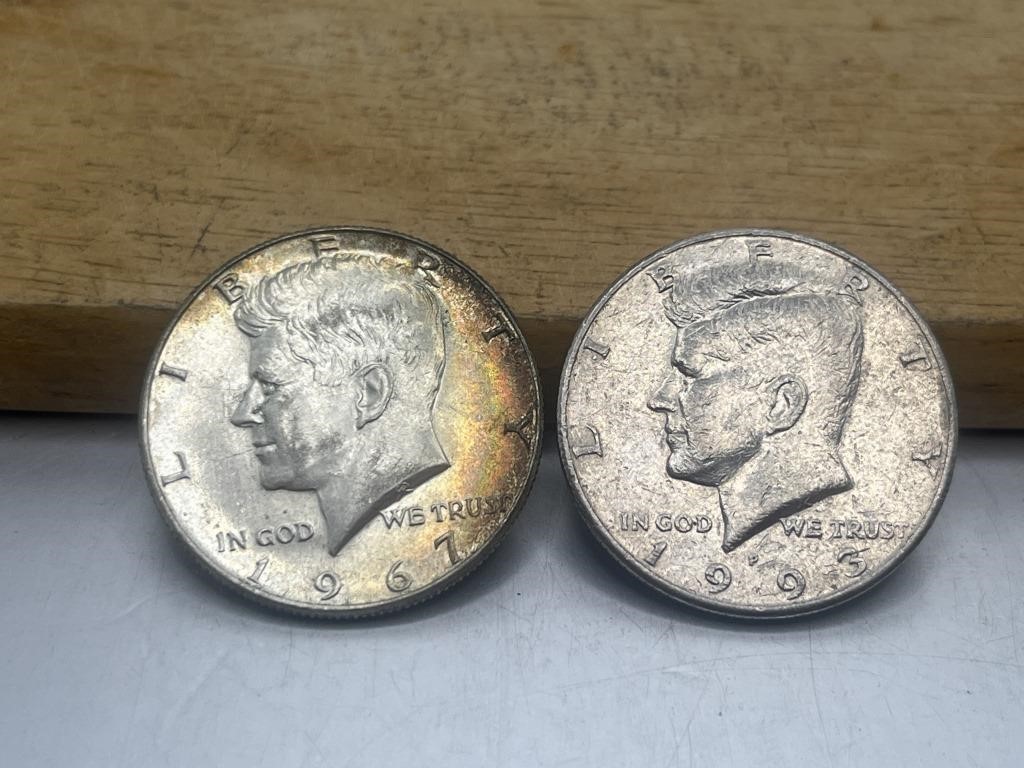 TWO Kennedy Half Dollars 1993-P & 1967 40% Silver