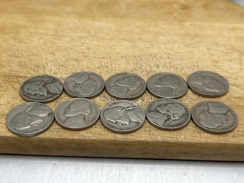 TEN Nickels FIVE from 1940’s, FIVE from 1950’s