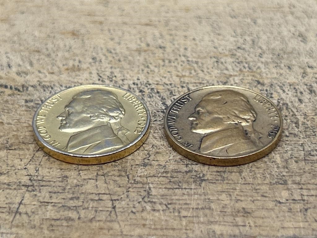 TWO Jefferson Nickels ONE Gold Tone One Not Gold