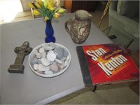 pottery pitcher,record,cross & items