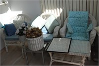 3 wicker chairs,end tables,baskets & pillows