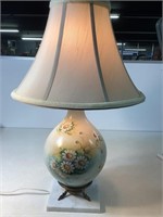 Vintage Hand Painted Lamp W/Shade, 27in Tall