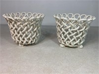 2 Twisted Porcelain Basket Weave Vases, 6in X 8in