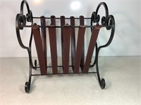 Wrought Iron & Leather Magazine Holder, 16in Tall