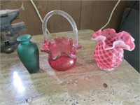 cranberry basket & vase & green vase