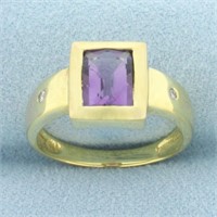 Bezel Set Amethyst and Diamond Ring in 14k Yellow
