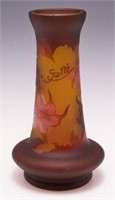 Cameo Glass Vase w/ Red Flowers, Signed "Galle".