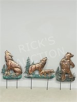 3 tin wildlife lawn ornaments - Bear, Wolf, Coyote