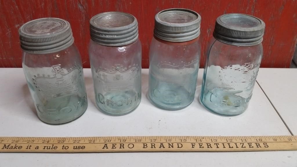 4 Crown Aqua Fruit Jars Quart (all different)