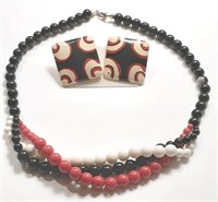BLACK WH & RED NECKLACE & EARRINGS