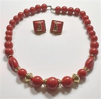 RED & GOLD TONE NECKLACE & EARRINGS SET