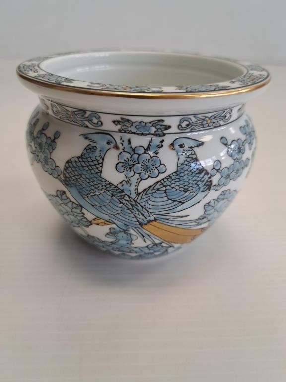 JAPANESE HAND PAINTED PLANTER WITH GOLD PEACOCKS