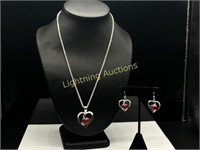 STERLING SILVER DTR HEART NECKLACE AND EARRING SET