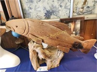 CARVED WOODEN SALMON ON NATURAL WOOD STAND