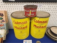 TWO VINTAGE CANS OF MUSTARD AND A COFFEE CAN