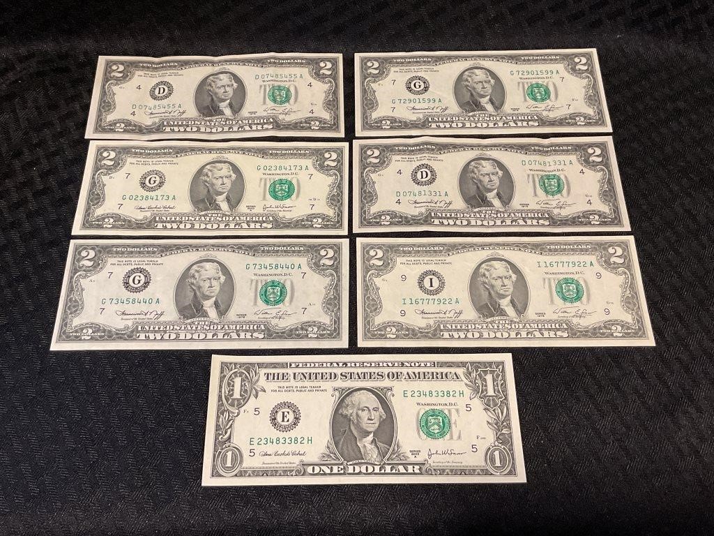 LOT OF 7 1976 $2 AND 2003-A FEDERAL RESERVE NOTES