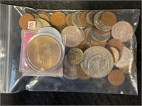LARGE LOT OF ASSORTED FOREIGN CURRENCY & TOKENS
