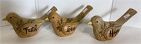 Carved wood faith, love and hope bird figurines -