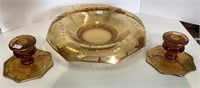 Gorgeous rolled rim etched amber glass serving