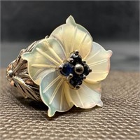 Carved Mother of Pearl Flower With Sapphires